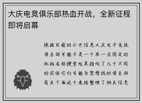 大庆电竞俱乐部热血开战，全新征程即将启幕