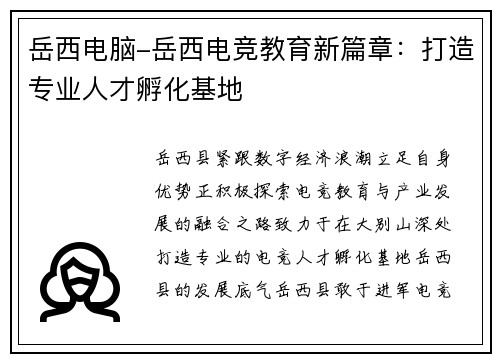 岳西电脑-岳西电竞教育新篇章：打造专业人才孵化基地